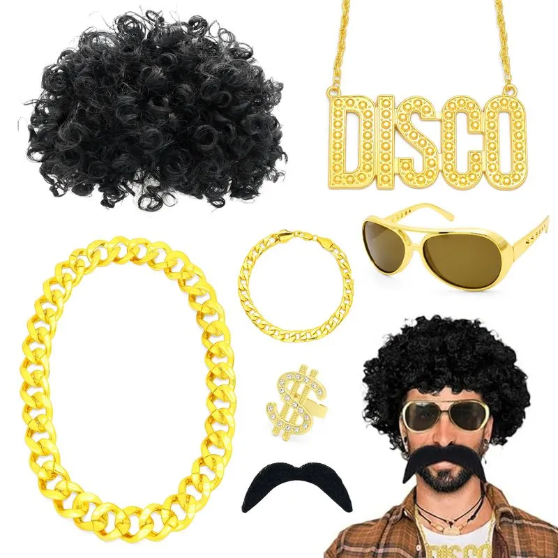 Conjunto De Fantasia Hip Hop Disco Com Peruca Afro, Corrente Dourada E Mais