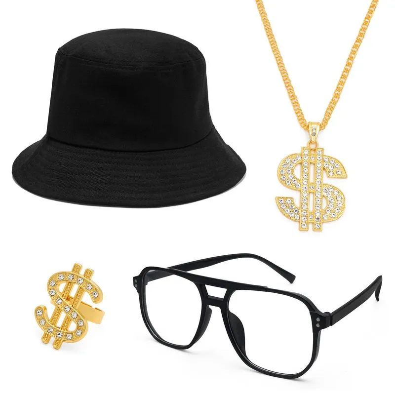 Conjunto De Acessórios Hip Hop Punk Com Chapéu Bucket, Colar E Óculos