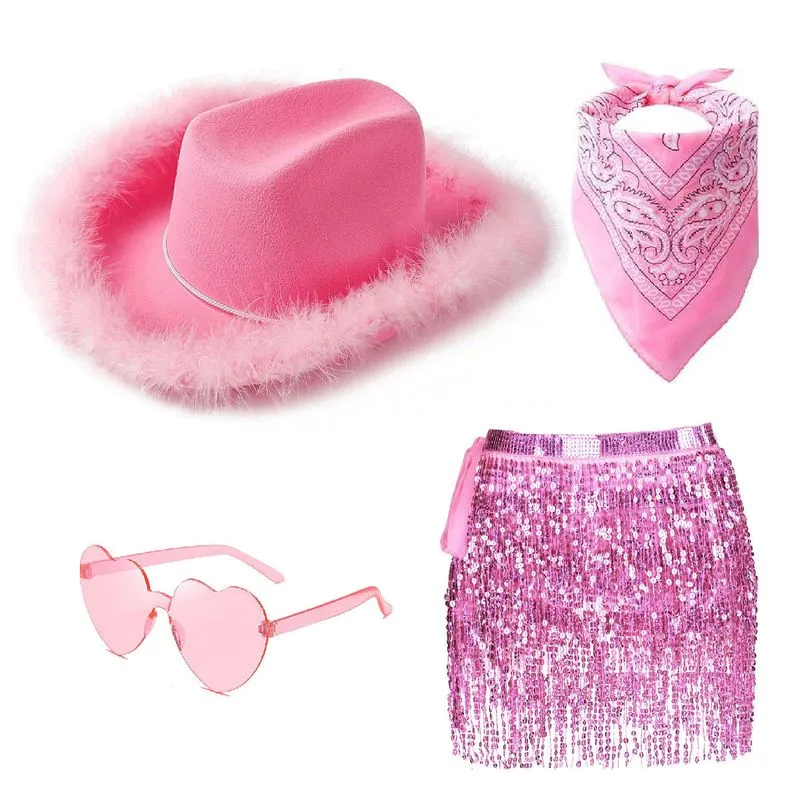 Conjunto De Fantasia Cowgirl Rosa Com Chapéu E Saia De Lantejoulas Para Adultos