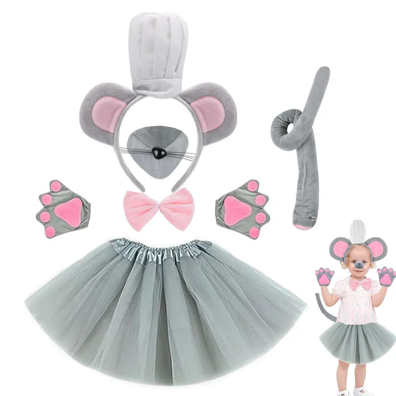 Conjunto De Fantasia Infantil De Elefante E Rato Com Orelhas, Cauda, Saia De Tule E Acessórios