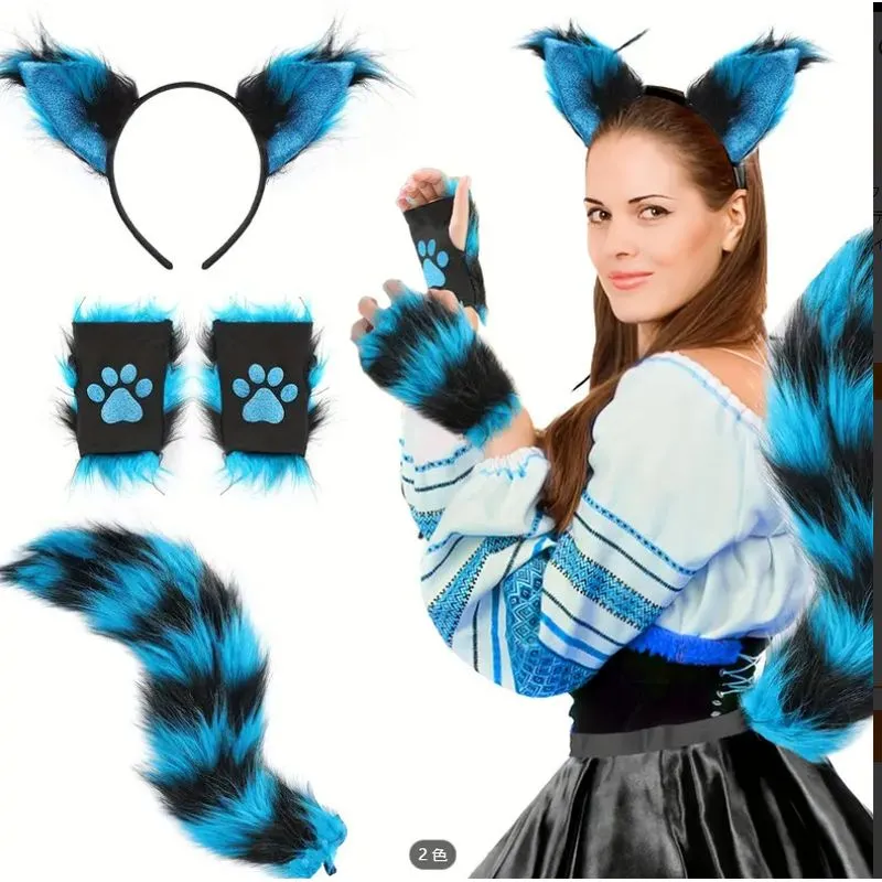 Conjunto De Fantasia Gato Azul Raposa Com Orelhas, Cauda E Luvas De Patas