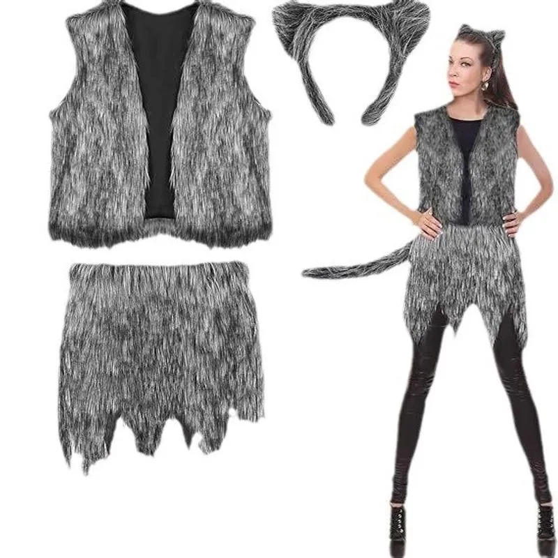 Conjunto De Fantasia Lobo Cinza Com Orelhas, Cauda E Colete De Pelúcia Para Adultos E Crianças