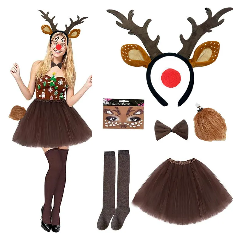 Conjunto De Fantasia De Rena De Natal Com Chifres E Saia De Tule