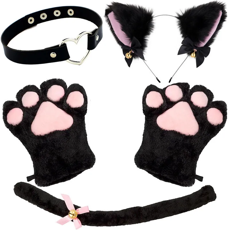 Conjunto De Cosplay De Gata Preta Com Orelhas, Cauda, Luvas De Pata E Sino Para Mulheres