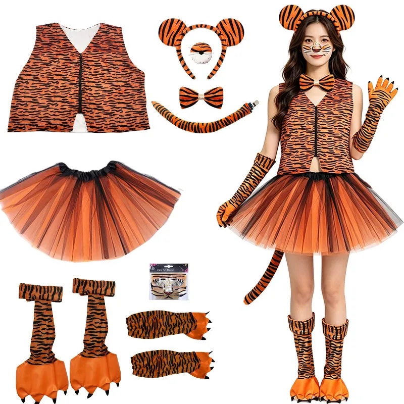 Conjunto De Fantasia Adulto De Tigre Com Saia De Tule, Cauda E Tiara Com Orelhas