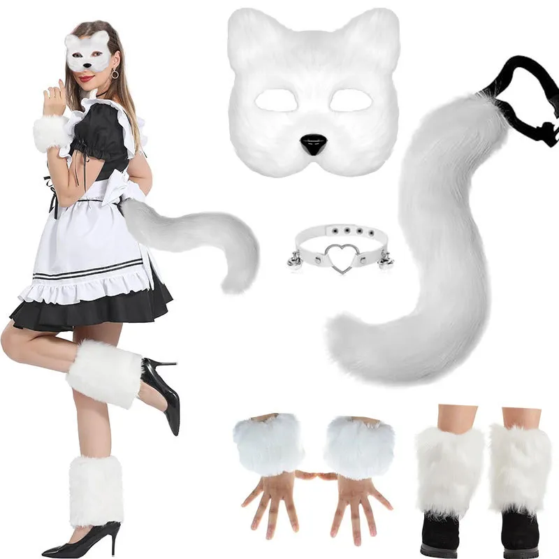 Conjunto De Fantasia De Raposa Branca Com Cauda, Máscara E Coberturas Peludas Para As Pernas Para Adultos