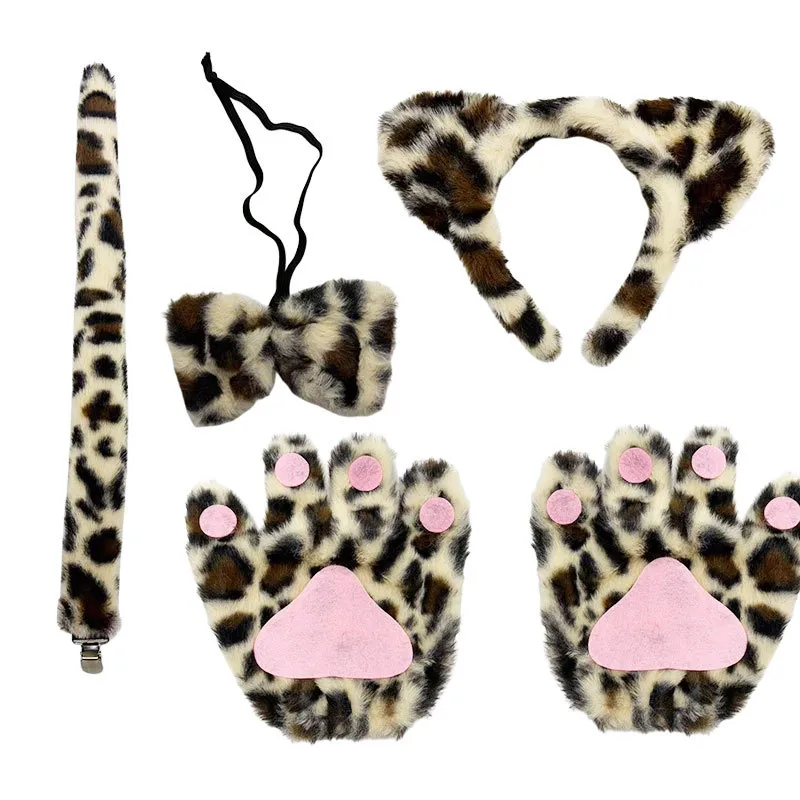 Conjunto De Fantasia De Leopardo Com Orelhas, Cauda E Luvas De Patas Para Adulto/criança
