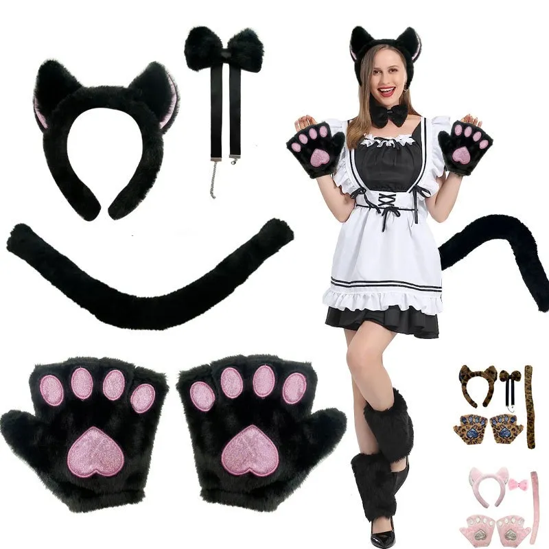 Conjunto De Fantasia De Gato Preto Com Orelhas E Cauda, Luvas De Pata, Laço E Pelúcia