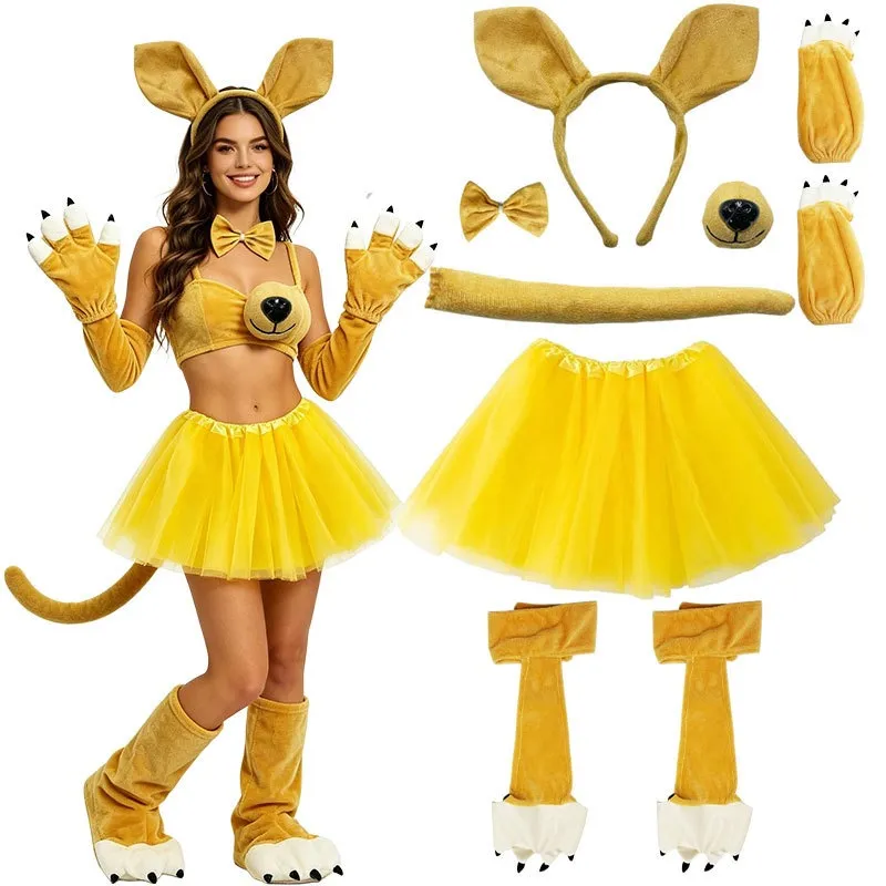 Conjunto De Fantasia Infantil De Canguru Com Cauda, Luvas E Tiara Amarela