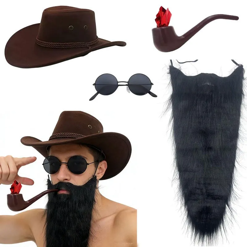 Conjunto De Fantasia Vintage De Cowboy Com Barba, Chapéu E Óculos De Sol