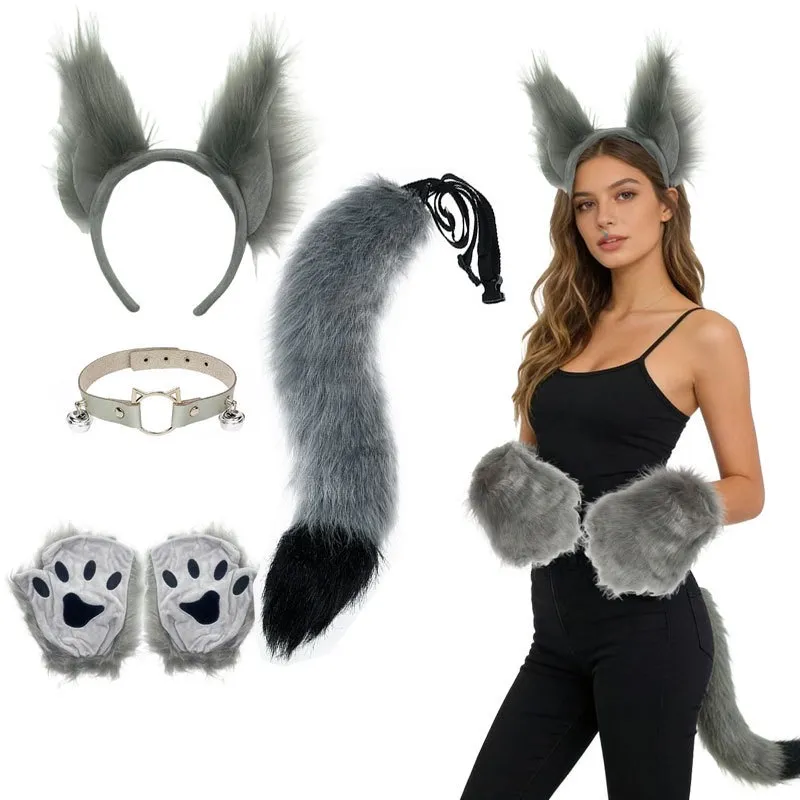Conjunto De Fantasia Cinza De Raposa Ou Burro Com Orelhas, Cauda E Luvas De Patinha