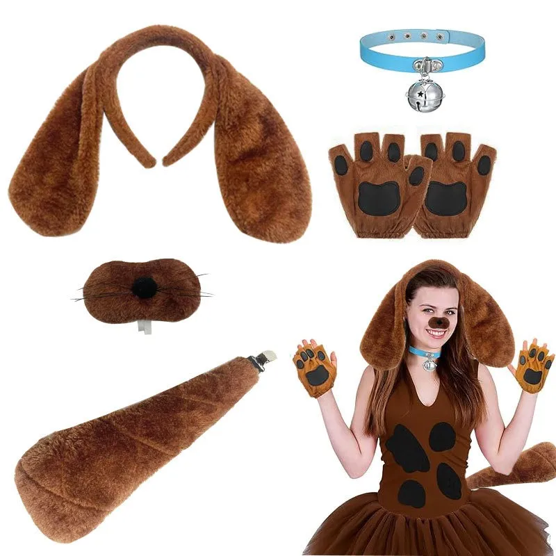 Conjunto De Fantasia De Cachorro Marrom Em Pelúcia Com Orelhas, Cauda, Luvas E Coleira