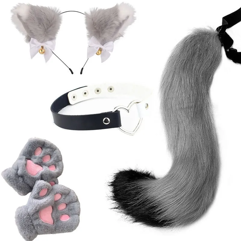 Conjunto De Fantasia De Raposa E Gato Com Cauda De Pelúcia, Orelhas, Luvas E Gargantilha Para Adulto