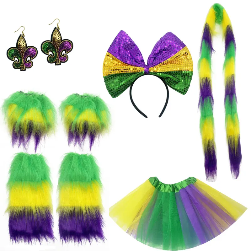 Conjunto De Fantasia De Mardi Gras Com Tutu, Laço E Polainas Peludas Para Crianças