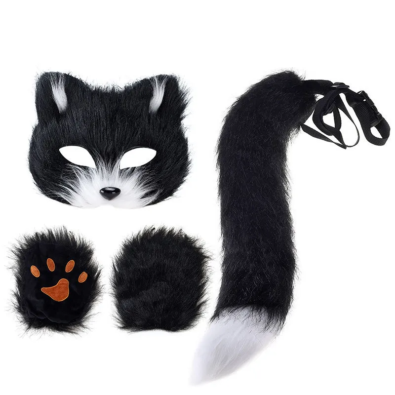 Conjunto De Fantasia De Raposa Com Máscara De Pelúcia, Cauda E Luvas De Patas Para Adulto