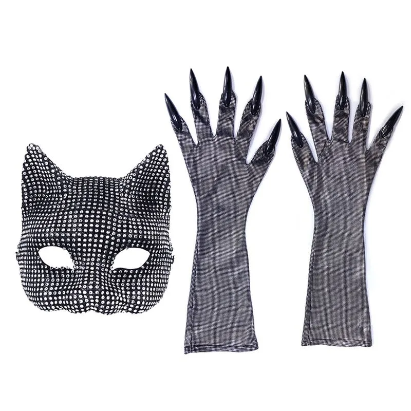 Conjunto De Acessórios Para Fantasia Máscara De Gato Com Strass Preto E Luvas
