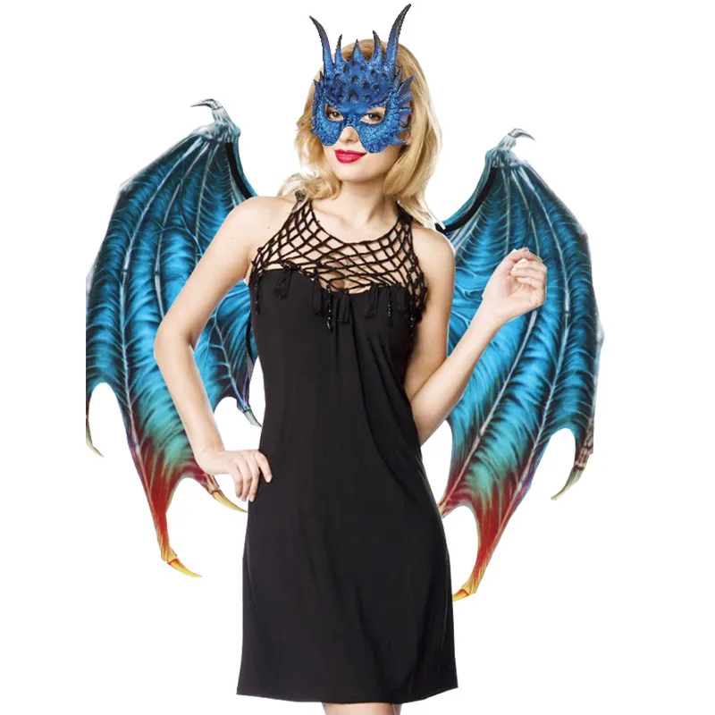 Conjunto De Fantasia Asas E Máscara De Dragão Azul Para Halloween E Cosplay