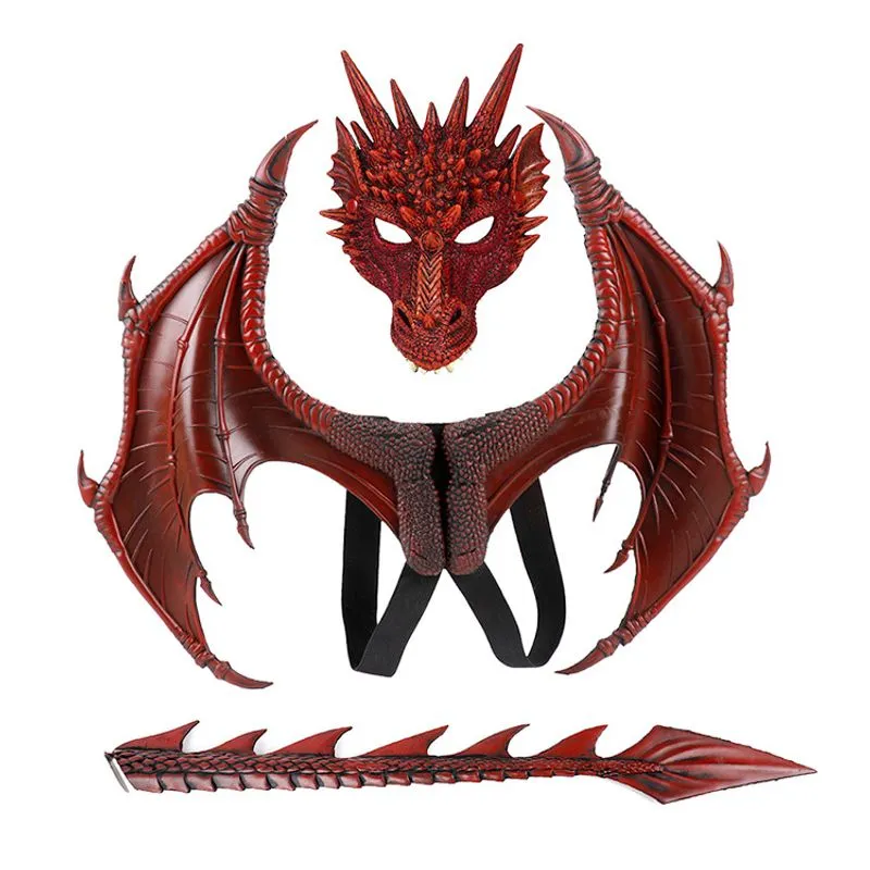 Conjunto De Cosplay De Dragão Vermelho Com Máscara De Pu, Asas E Cauda