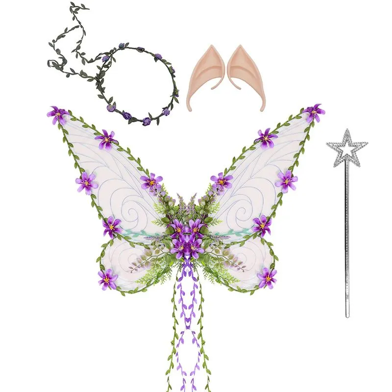 Conjunto De Cosplay Asas De Borboleta Roxas Com Orelhas, Tiara E Varinha Mágica