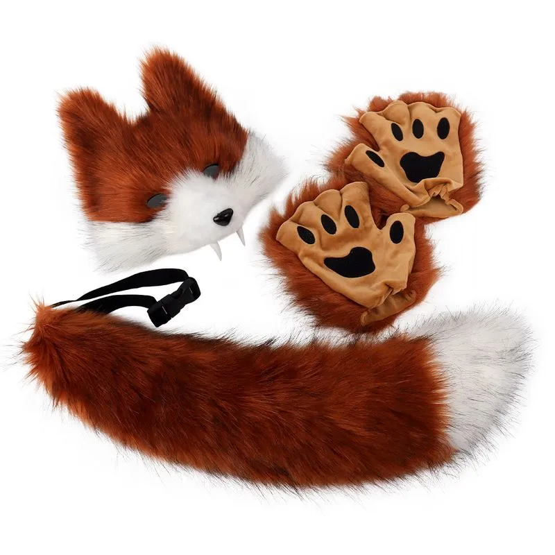 Conjunto De Fantasia De Pelúcia Com Máscara De Presas De Lobo, Cauda E Luvas Para Halloween