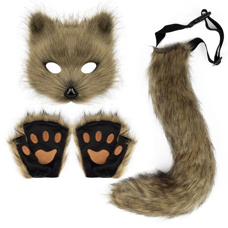 Conjunto De Fantasia De Raposa Com Máscara De Pelúcia, Luvas E Cauda Para Halloween E Cosplay