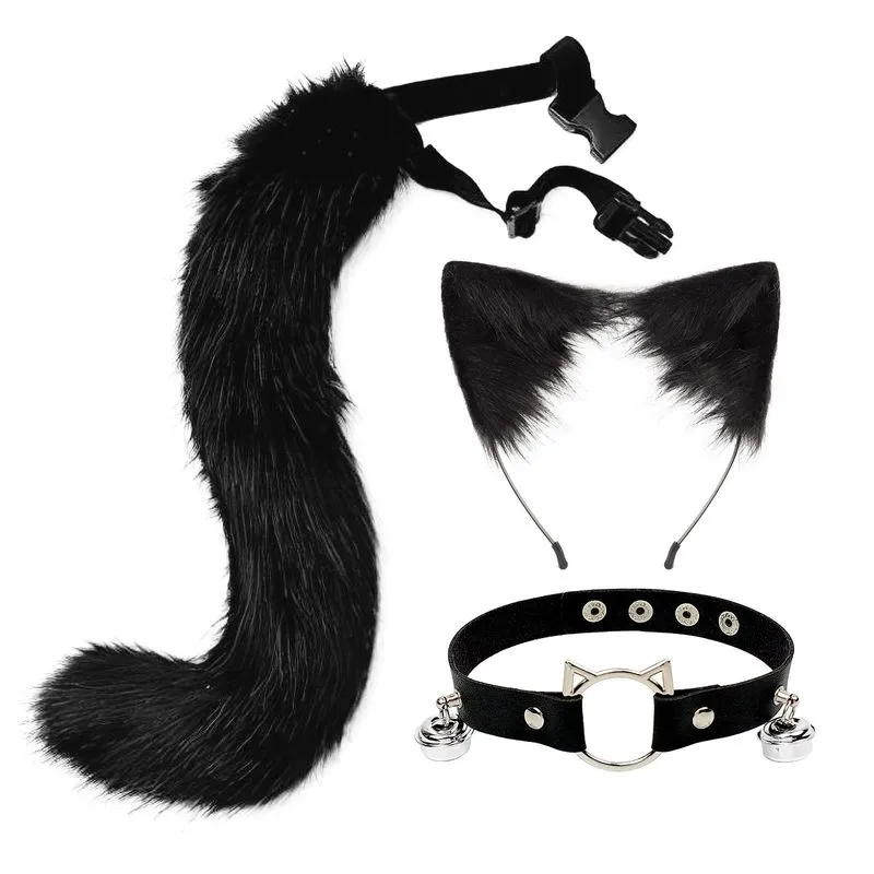 Conjunto De Cosplay Orelhas De Gato Preto Com Tiara, Cauda E Coleira