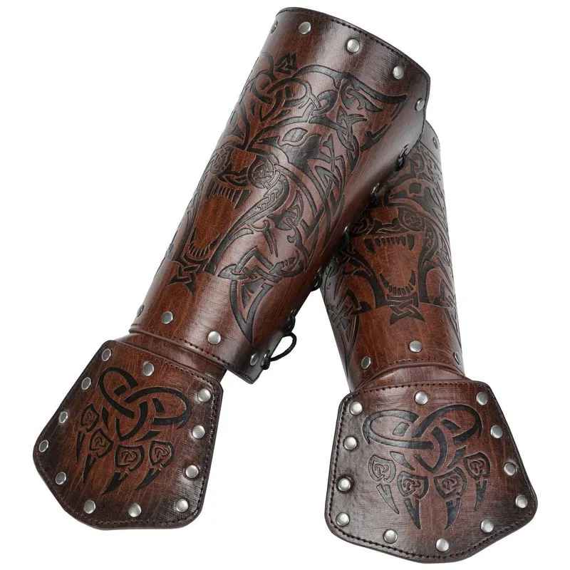 Protetores De Punho Viking Em Couro Com Cabeça De Lobo Marrom, Estilo Medieval Para Cosplay