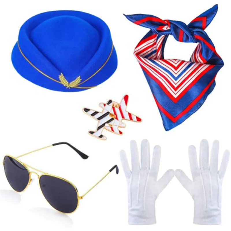 Conjunto De Fantasia Cosplay Piloto Azul Com Chapéu, Cachecol, Óculos E Pin