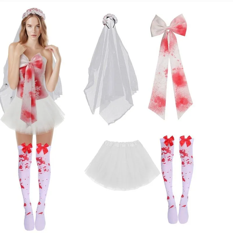 Conjunto De Fantasia De Halloween Adulto Com Estampa Sanguinolenta, Com Laço, Saia E Tiara