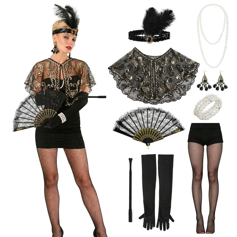 Conjunto De Fantasia Flapper Com Capa De Paetês E Miçangas Preta Gatsby 9 Peças