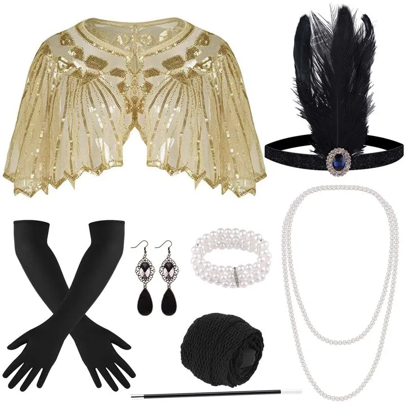 Conjunto De Acessórios Flapper Gatsby Anos 1920 Com Tiara E Xale