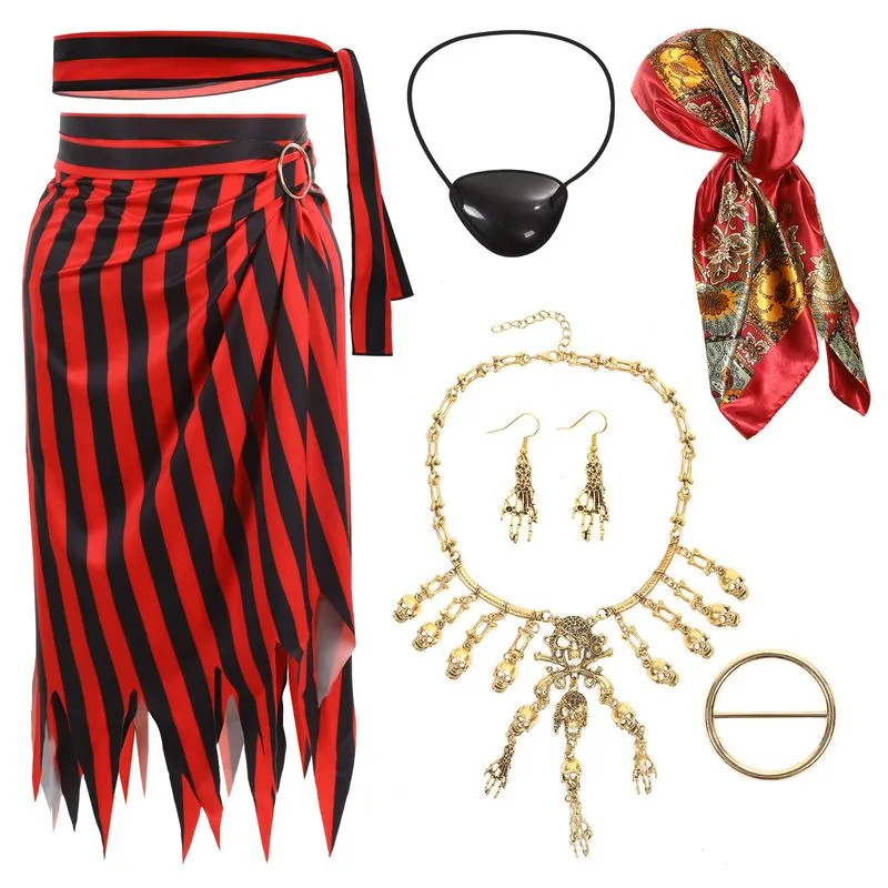 Conjunto De Fantasia De Pirata Vermelho Para Mulher Com Saia, Cinto E Lenço