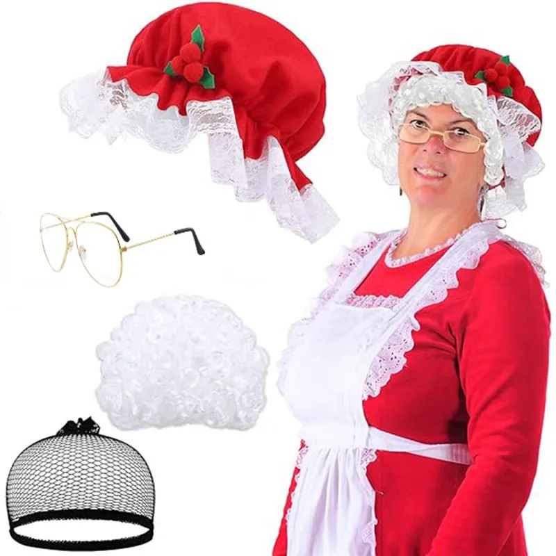 Conjunto De Fantasia Para Adulto Sra. Claus Com Chapéu, Peruca, Rede Para Cabelo E Óculos