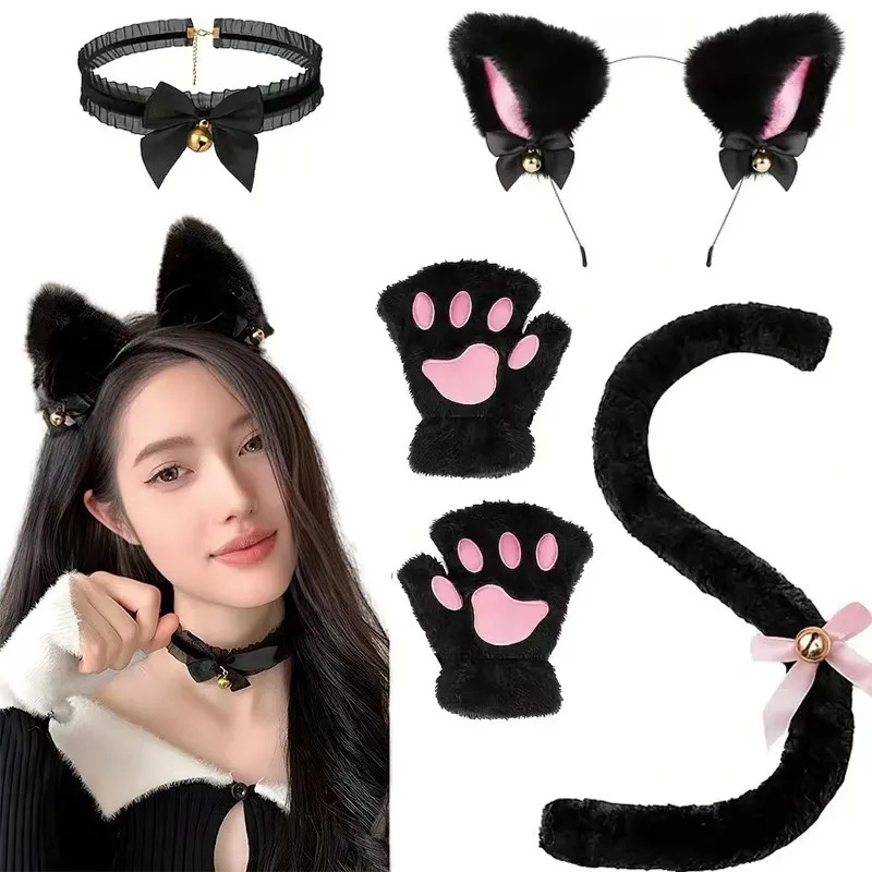 Conjunto De Cosplay De Gato Preto Com Orelhas, Patas, Cauda E Gravata Borboleta Em Pelúcia Para Adulto