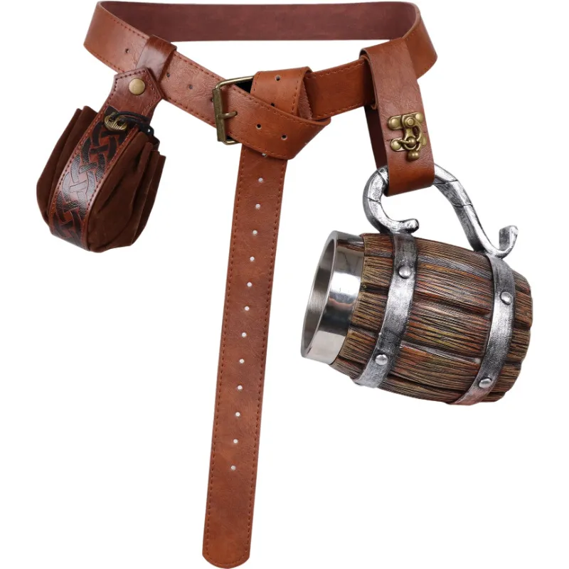 Conjunto De Cinto Viking Em Couro Pu Com Suporte Para Caneca E Bolsa Marrom