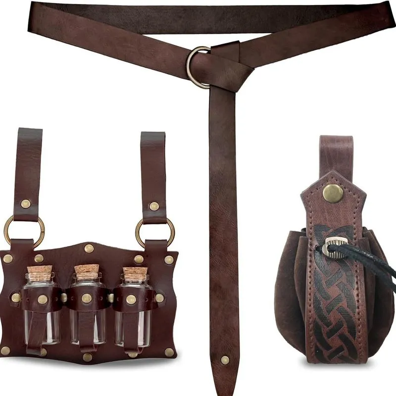Conjunto De Cinto De Alquimista Medieval Em Couro Pu Com Frascos De Poções