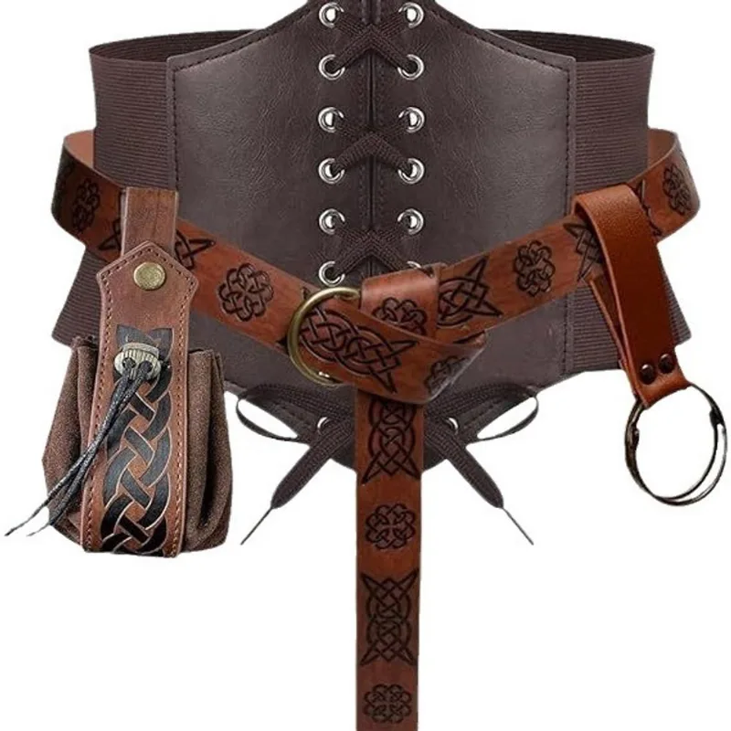 Conjunto De Cosplay Renascença Com Cinto Corsetado, Bolsa E Argola Em Couro Pu