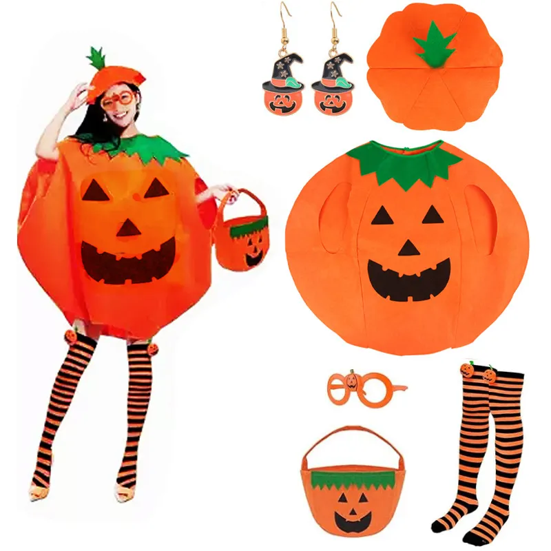 Conjunto De Fantasia De Halloween Infantil Abóbora Com Chapéu, Top, Bolsa E Meias