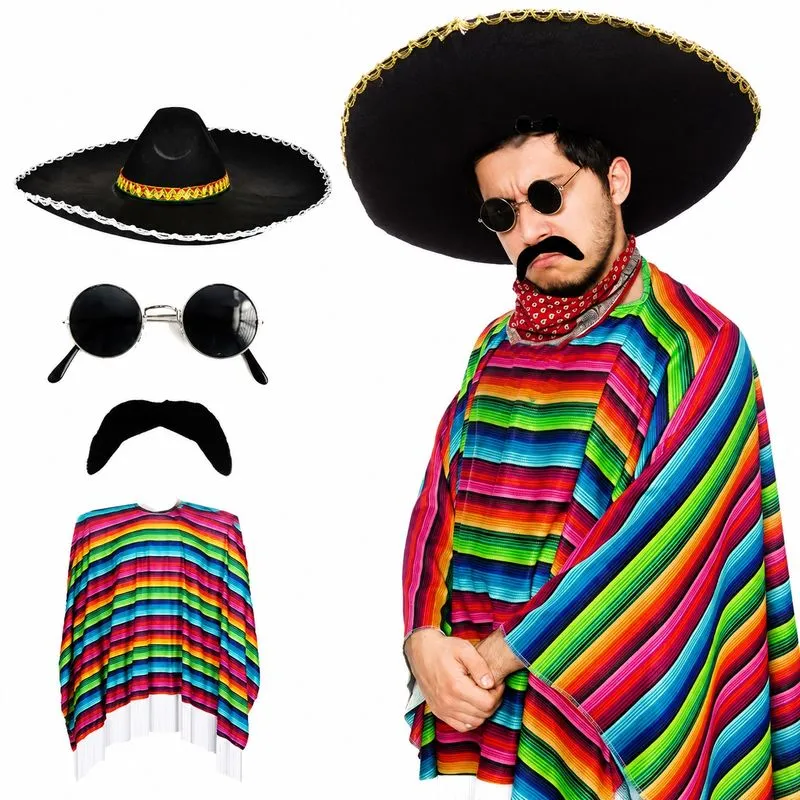 Conjunto De Fantasia Mexicana Colorida Com Poncho Listrado, Chapéu E Bigode