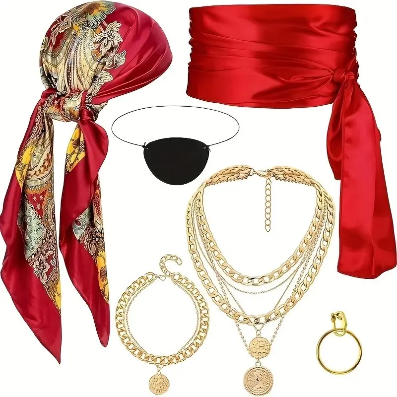 Conjunto De Fantasia De Pirata Vermelho Com Lenço, Cinto, Tapa-olho E Acessórios