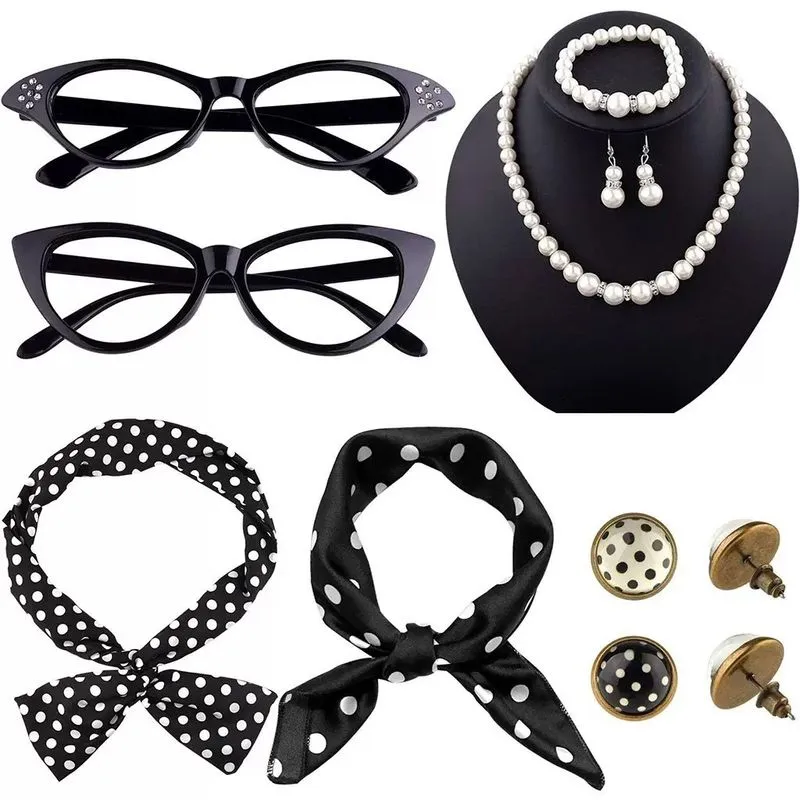 Conjunto De Acessórios Vintage Dos Anos 1950 Com Óculos Gatinho E Joias De Pérolas