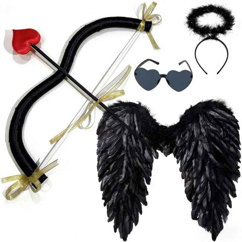 Conjunto De Fantasia De Halloween Asas Pretas De Penas Cupido Com Arco E Óculos
