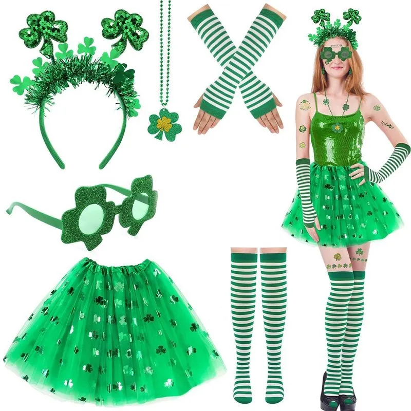 Conjunto De Fantasia De Trevo Do Dia De São Patrício Com Peruca, Bigode E Óculos