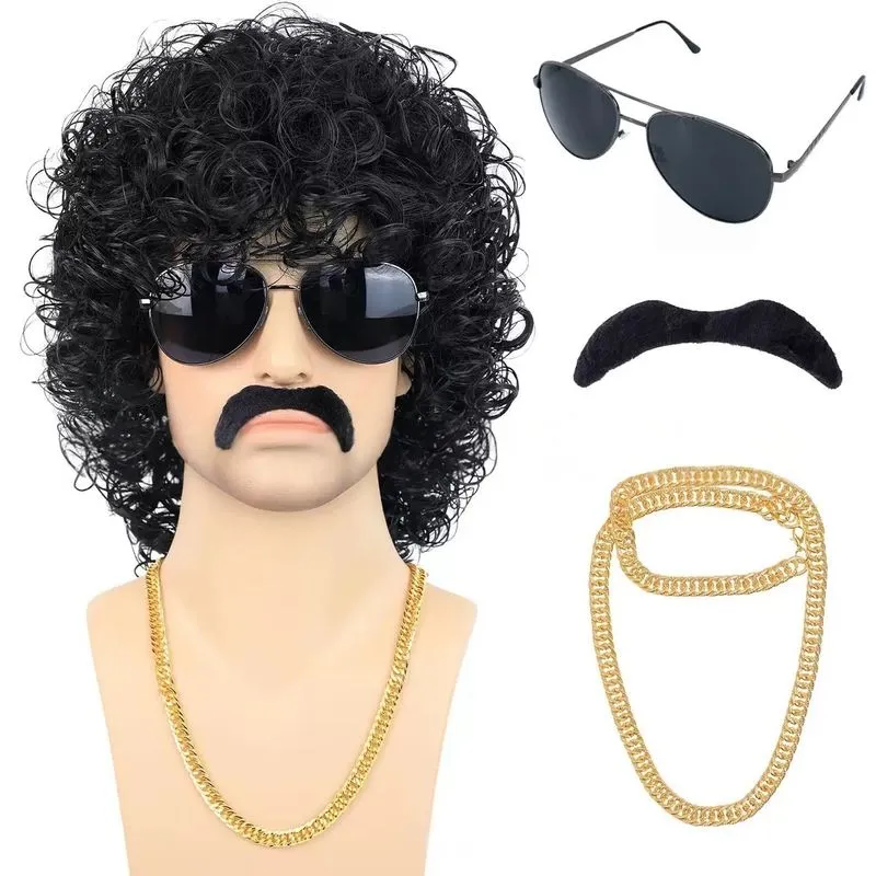 Conjunto De Cosplay Hippie Roqueiro Dos Anos 1980 Com Peruca Afro Cacheada E Óculos De Sol