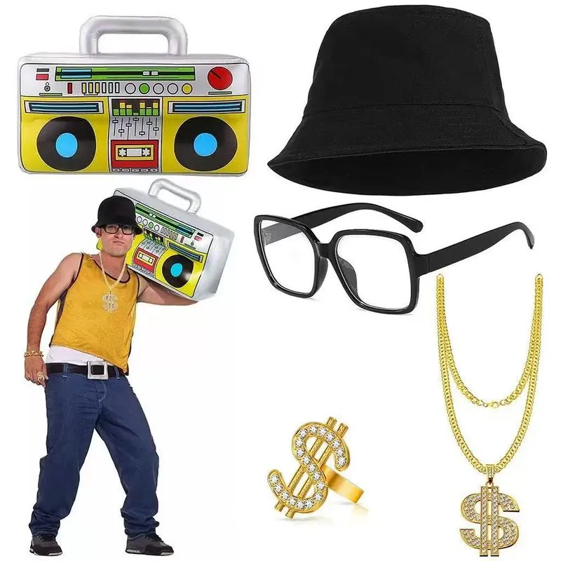 Conjunto De Fantasia Retrô Hip-hop Dos Anos 1980 Com Boombox, Chapéu E Óculos