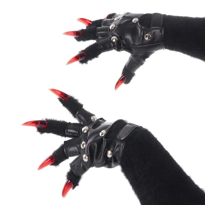 Luvas Pretas E Vermelhas Peludas Com Garras E Meio Dedo Em Pu Com Tachas