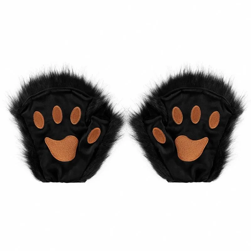 Luvas De Pelúcia Pata De Urso E Gato Para Cosplay, Meio Dedo, Pretas, 2 Peças