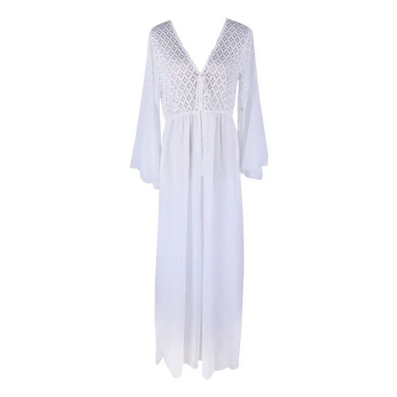 Roupa De Banho Com Capa De Praia, Renda Oca, Manga De Sino, Cardigã