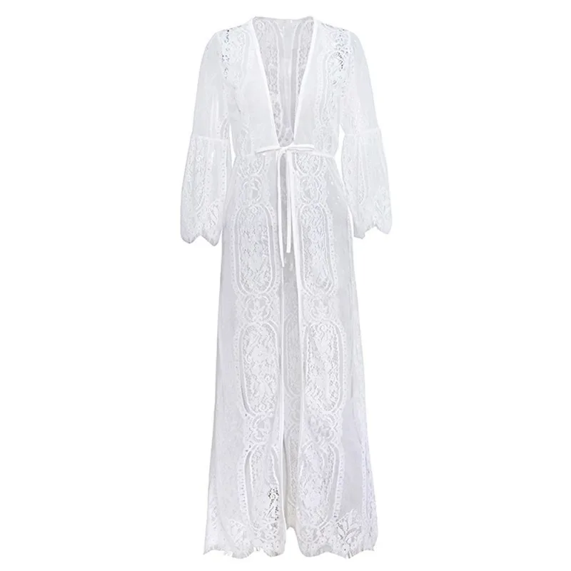 Cardigã Beach Cover Up Lace Hollow Out Com Cinto Para Mulheres