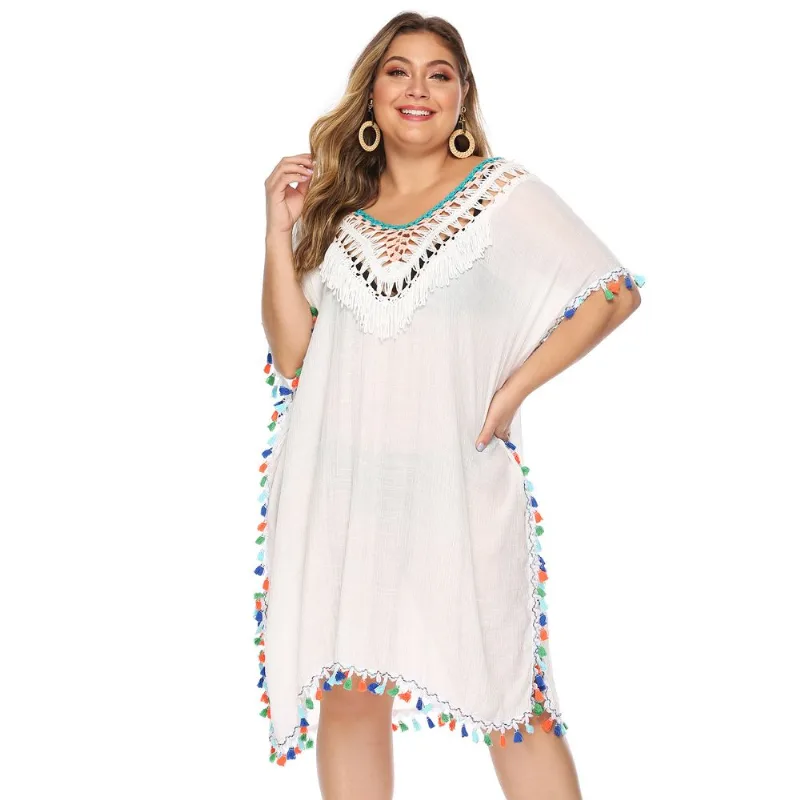 Roupa De Banho Beach Cover Up Plus Size Crochet Tassel